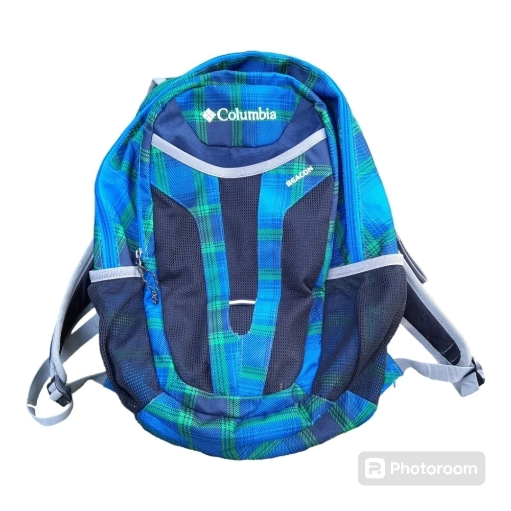 🛍 Columbia Beacon Daypack Backpack 2 water bottle pockets blue green plaid